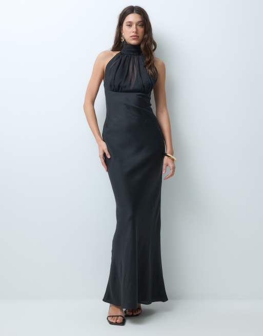 ASOS DESIGN high neck satin maxi dress with ruched chiffon detail in black, 4 of 5
