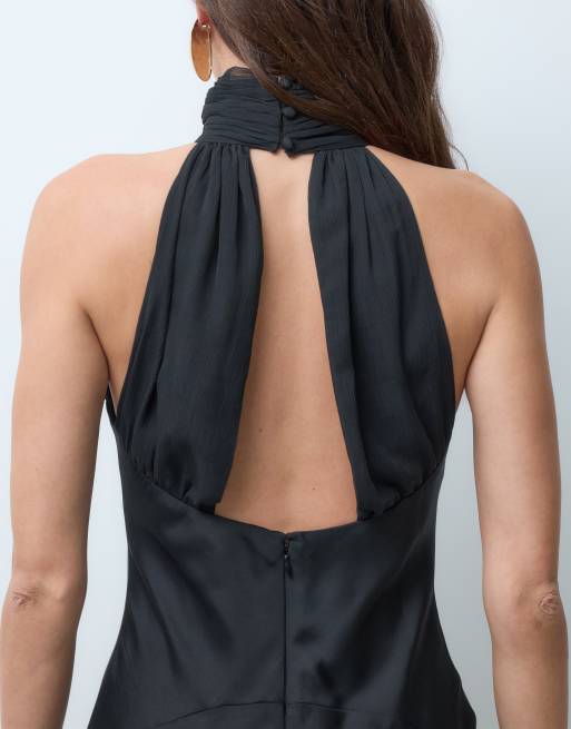 ASOS DESIGN high neck satin maxi dress with ruched chiffon detail in black, 5 of 5