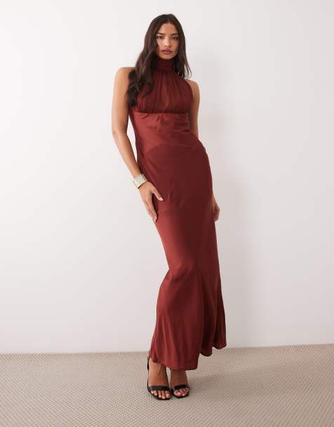 ASOS DESIGN high neck satin maxi dress with ruched chiffon detail in red - view 1