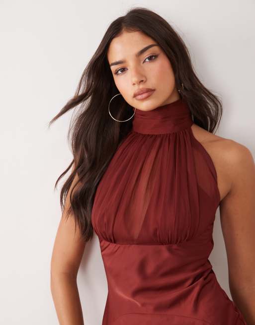 ASOS DESIGN high neck satin maxi dress with ruched chiffon detail in red, 2 of 4