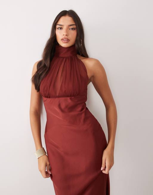 ASOS DESIGN high neck satin maxi dress with ruched chiffon detail in red, 3 of 4