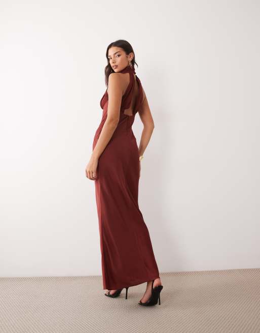 ASOS DESIGN high neck satin maxi dress with ruched chiffon detail in red, 4 of 4