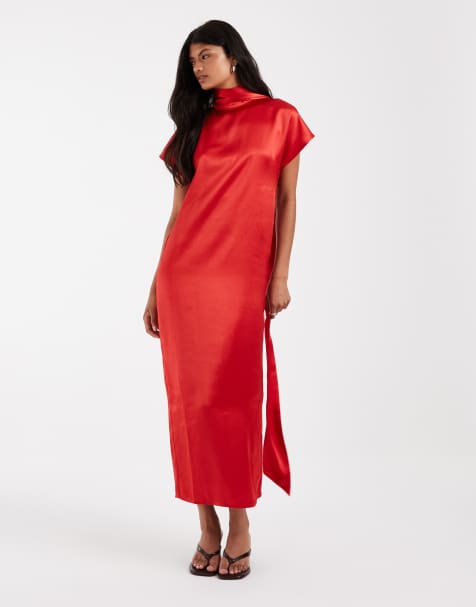 ASOS DESIGN high neck satin maxi dress with scarf in red - view 1
