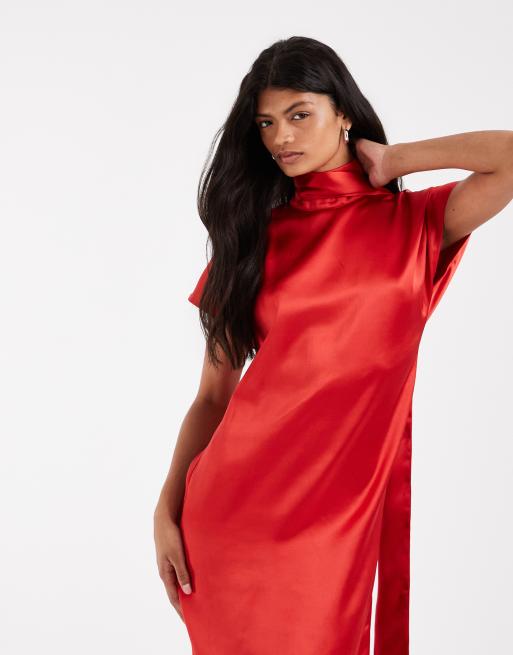 ASOS DESIGN high neck satin maxi dress with scarf in red, 4 of 4