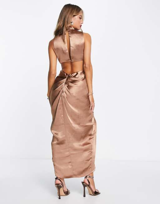 ASOS DESIGN high neck satin midi dress with drape detail skirt in mocha