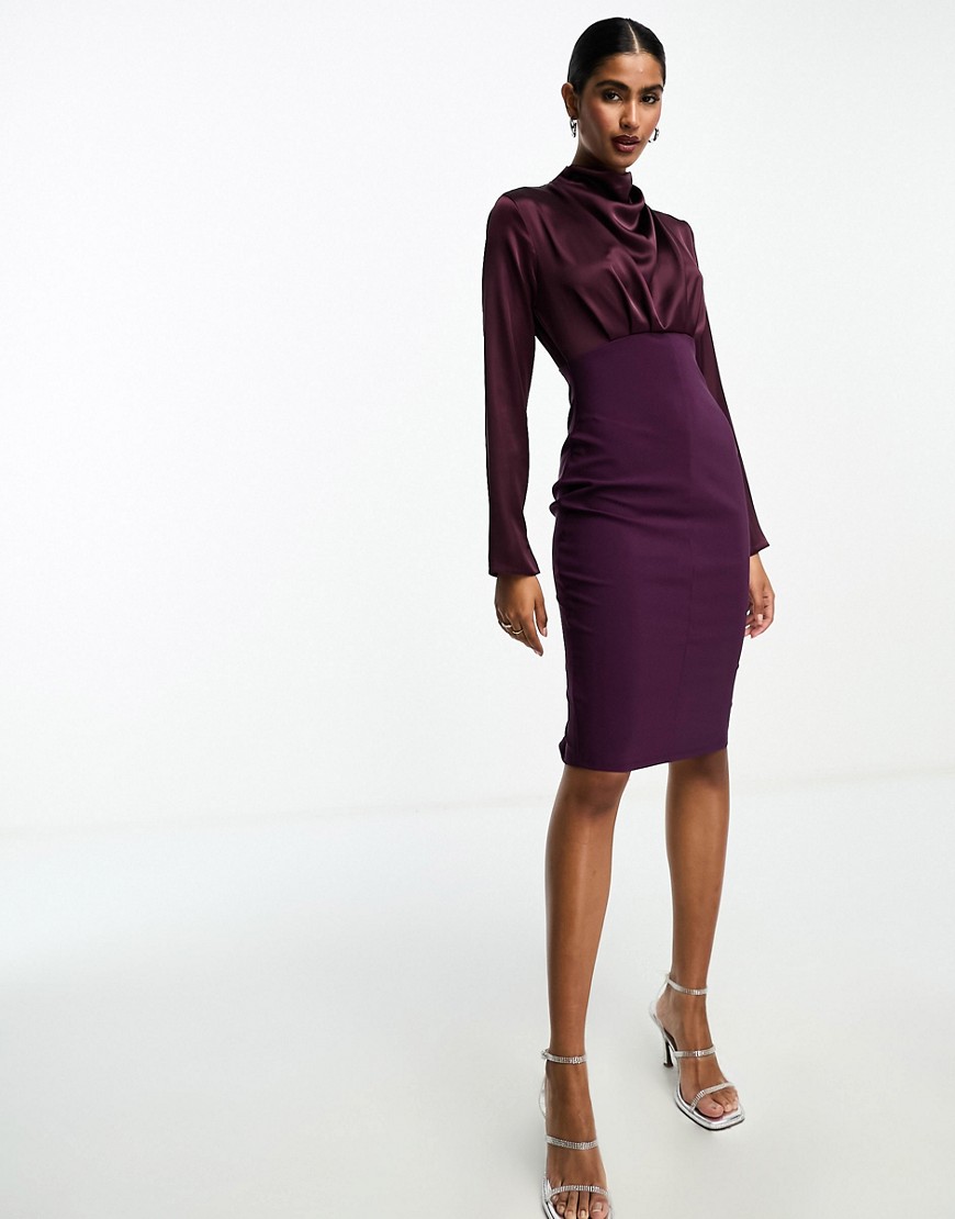 Asos Design High Neck Satin Midi Dress With Structured Skirt In Purple