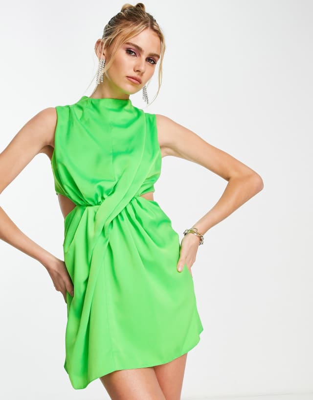 ASOS DESIGN high neck satin mini dress with drape detail in green