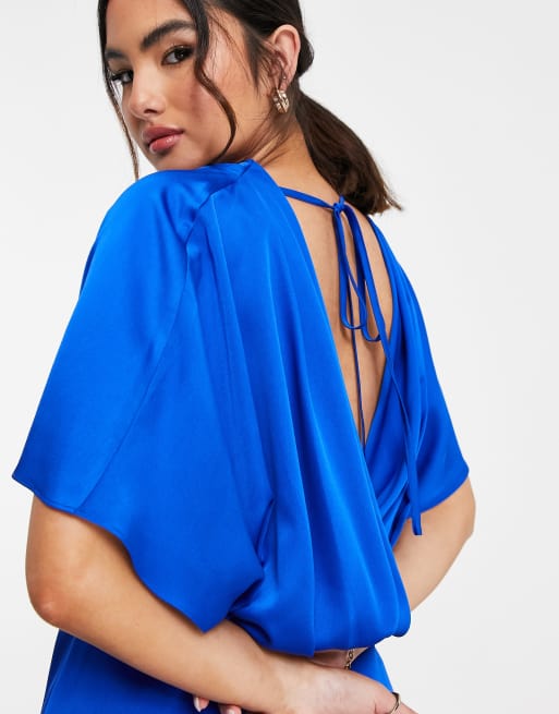 ASOS DESIGN high neck satin mini dress with ruched waist and button detail in blue