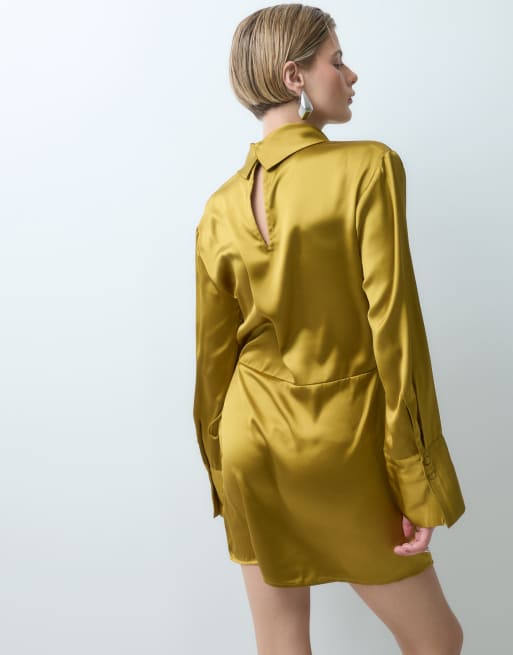 ASOS DESIGN high neck satin mini dress with wrap skirt in ochre, 5 of 5