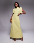 [ASOS DESIGN] ASOS DESIGN high neck satin shoulder pad maxi dress with cowl back in olive-Green 10 LEEK GREEN