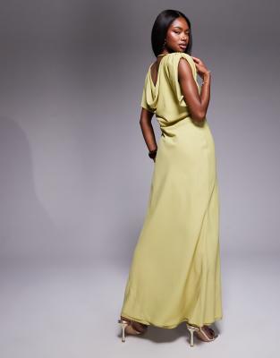 Asos Design High Neck Satin Shoulder Pads Maxi Dress With Cowl Back In Yellow