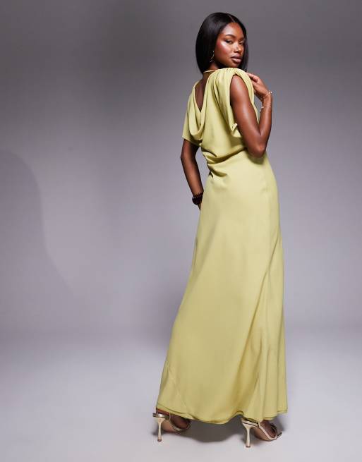 ASOS DESIGN high neck satin shoulder pads maxi dress with cowl back in olive
