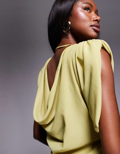 ASOS DESIGN high neck satin shoulder pads maxi dress with cowl back in olive