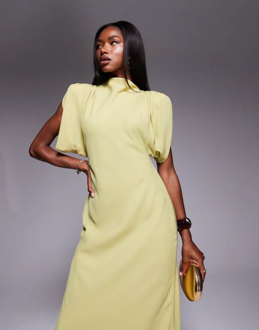 ASOS DESIGN high neck satin shoulder pads maxi dress with cowl back in olive