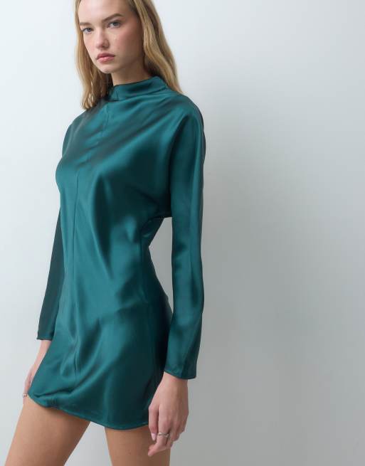 ASOS DESIGN high neck satin smock mini dress in dark green, 2 of 4
