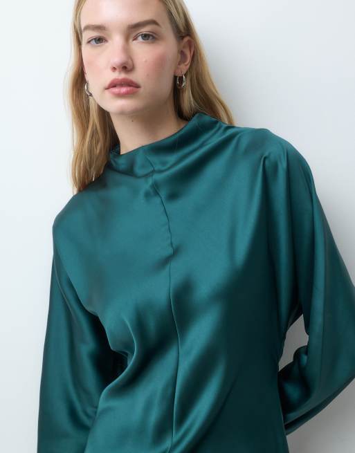 ASOS DESIGN high neck satin smock mini dress in dark green, 3 of 4