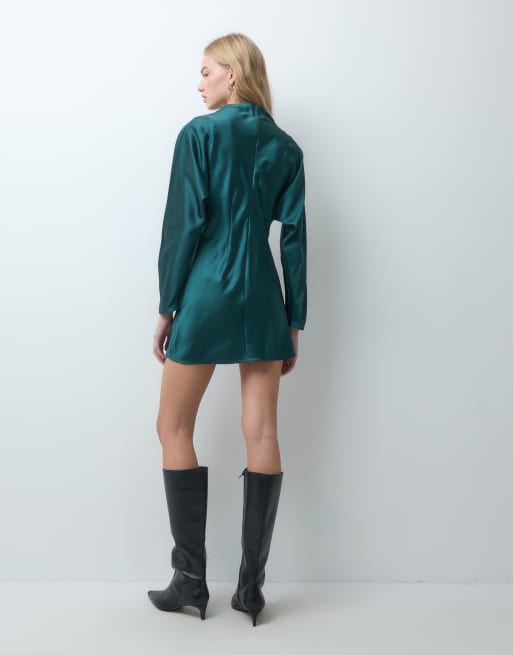 ASOS DESIGN high neck satin smock mini dress in dark green, 4 of 4