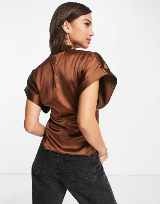 ASOS Long Sleeve Satin Blouse With High Neck And Open Back in