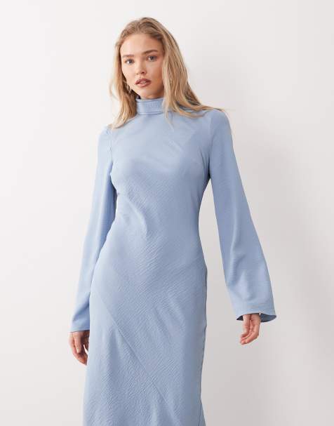 knee length dresses for ladies Andrina Sheer Long Sleeve Dress Blue