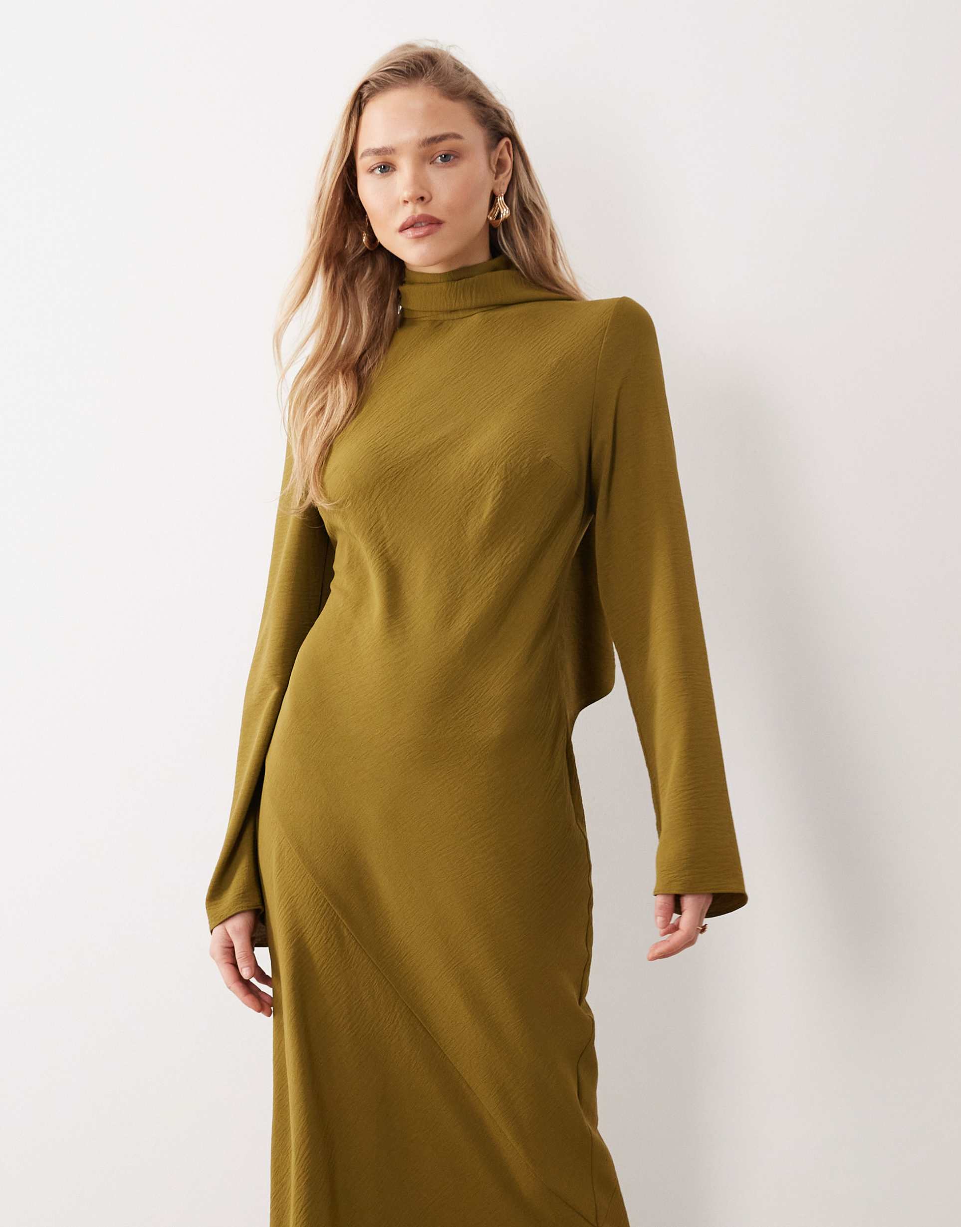asos design high neck scarf detail maxi dress in olive