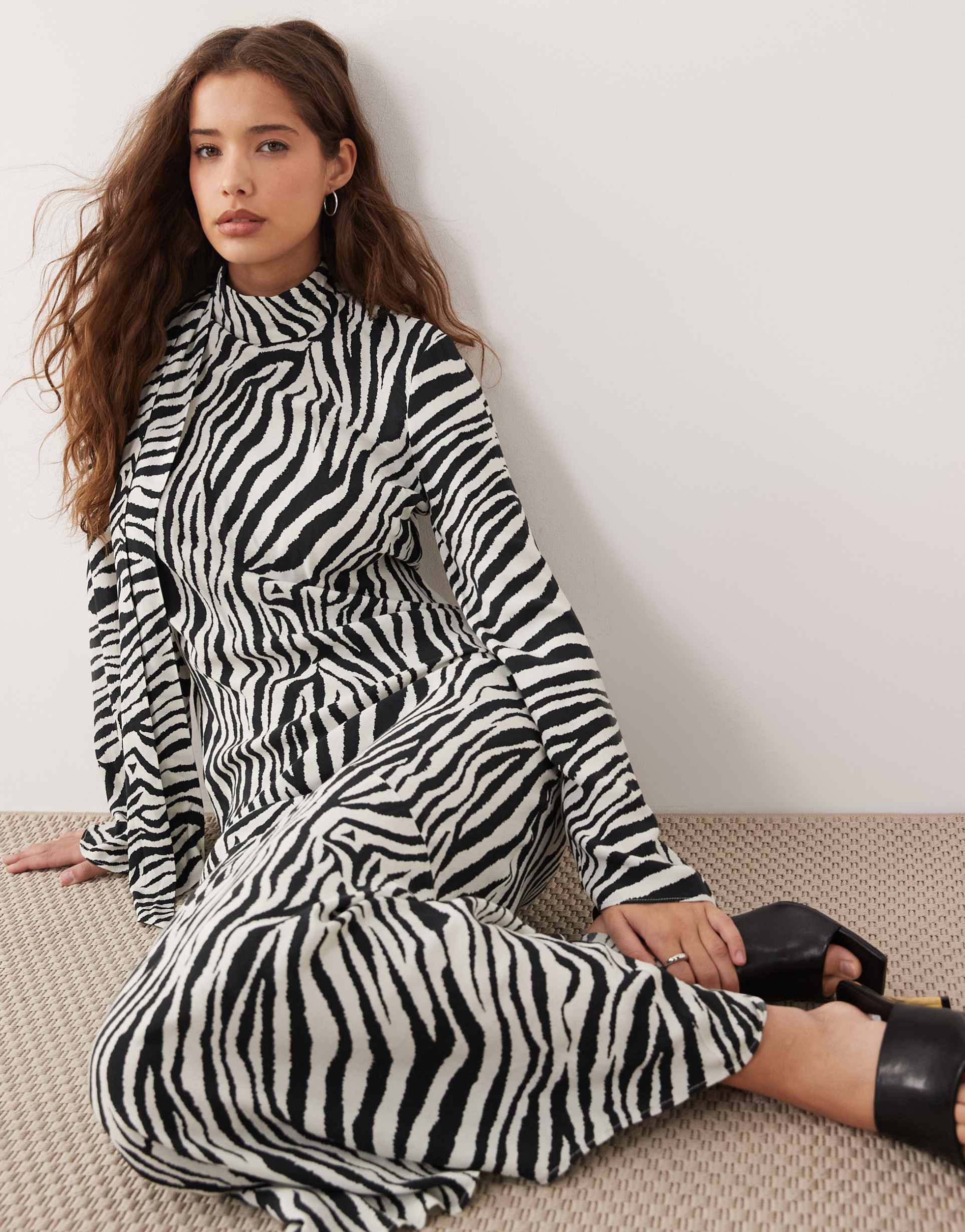 asos design high neck scarf detail maxi dress in zebra print