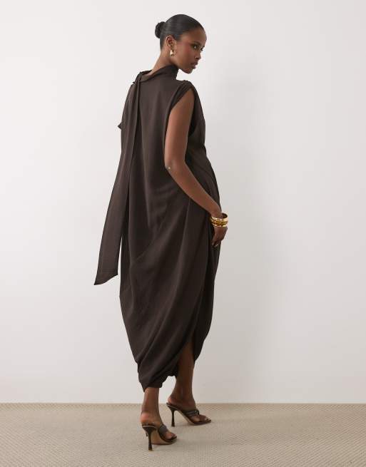 ASOS DESIGN high neck scarf maxi dress in brown, 2 of 4