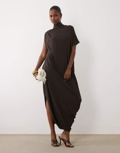 ASOS DESIGN high neck scarf midaxi dress in brown - view 1