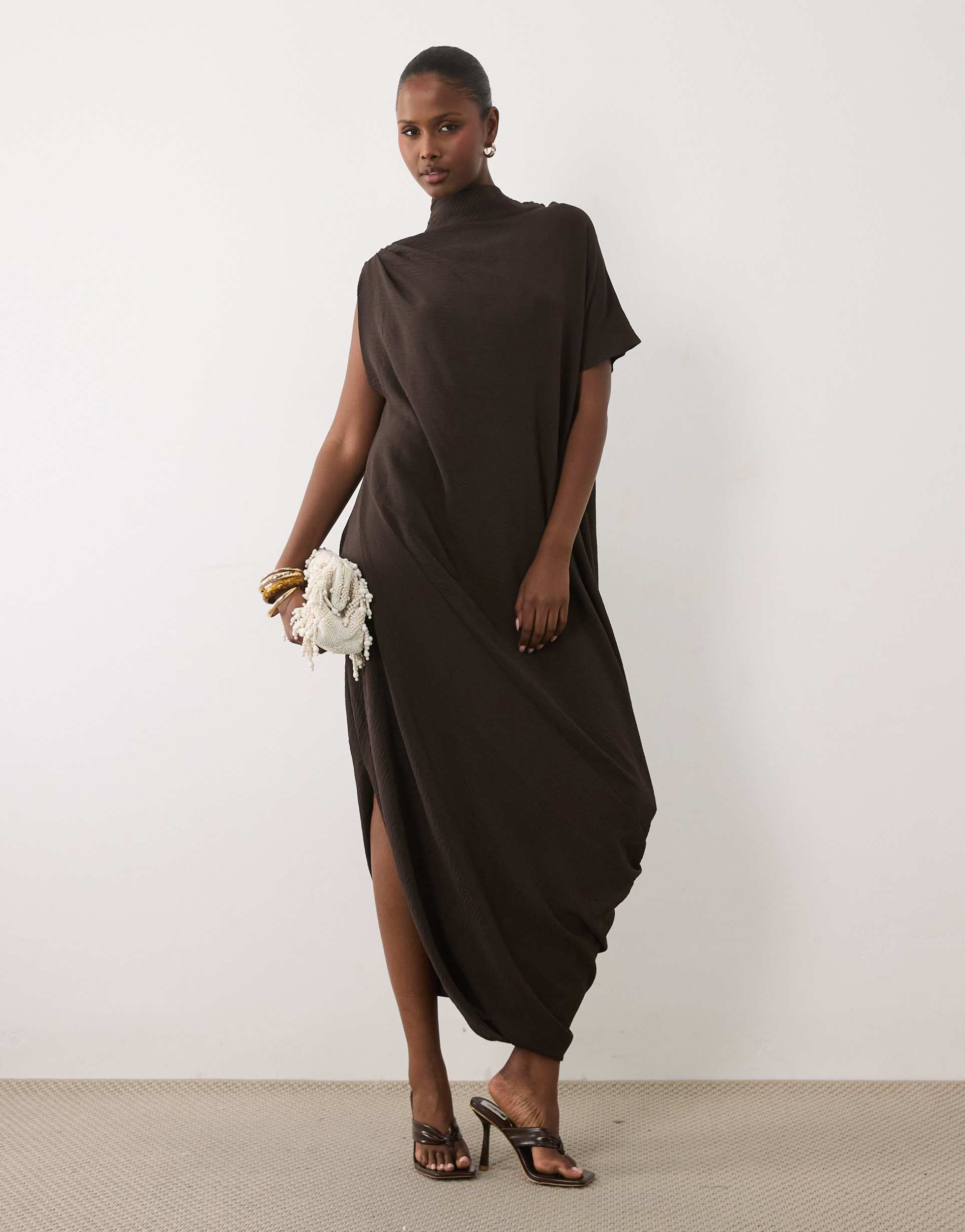 asos design high neck scarf midaxi dress in brown