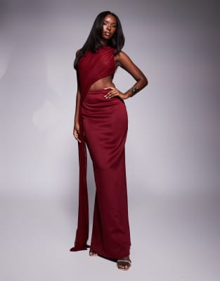 high neck scuba maxi dress with draped mesh side train detail in burgundy-Red