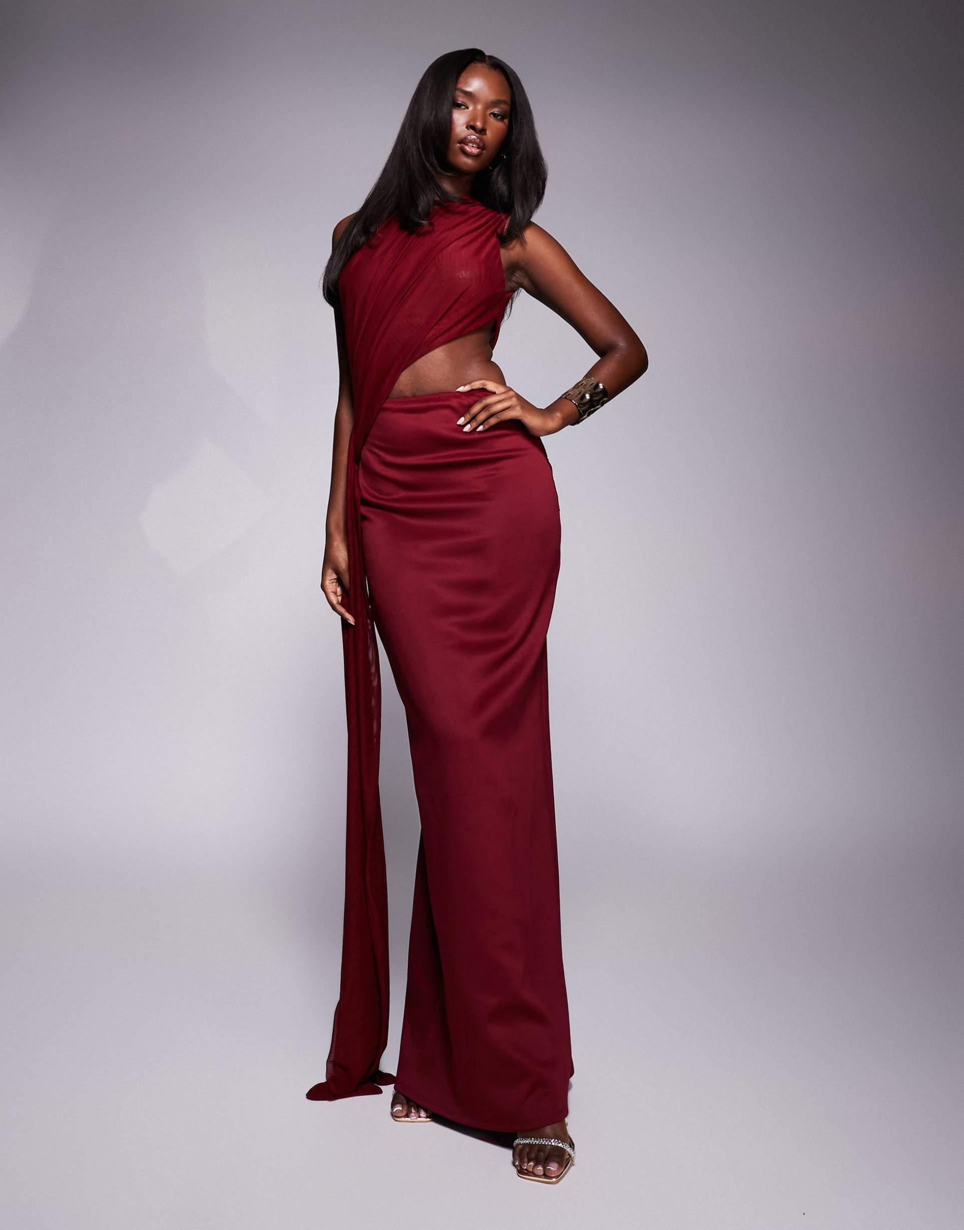 asos design high neck scuba maxi dress with draped mesh side train detail in burgundy