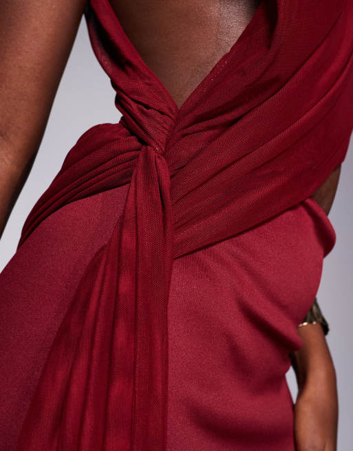 ASOS DESIGN high neck scuba maxi dress with draped mesh side train detail in burgundy