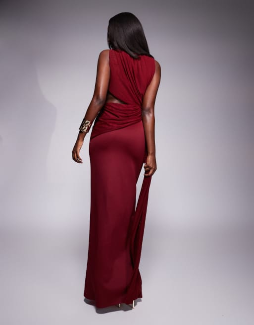 ASOS DESIGN high neck scuba maxi dress with draped mesh side train detail in burgundy