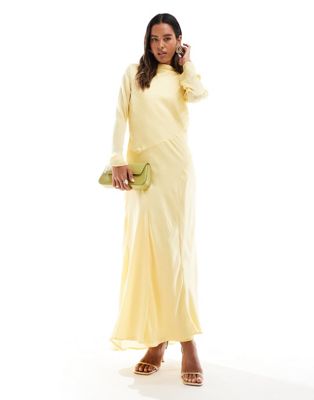 Asos Design High Neck Seam Detail Satin Maxi Dress In Buttermilk-yellow