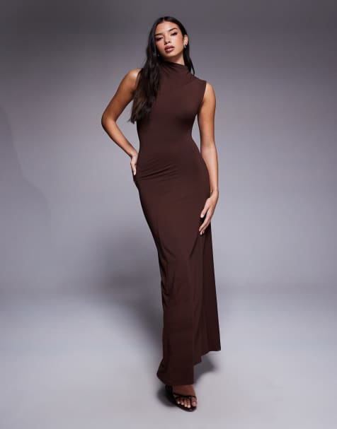 ASOS DESIGN high neck seamed drape maxi dress in chocolate - view 1