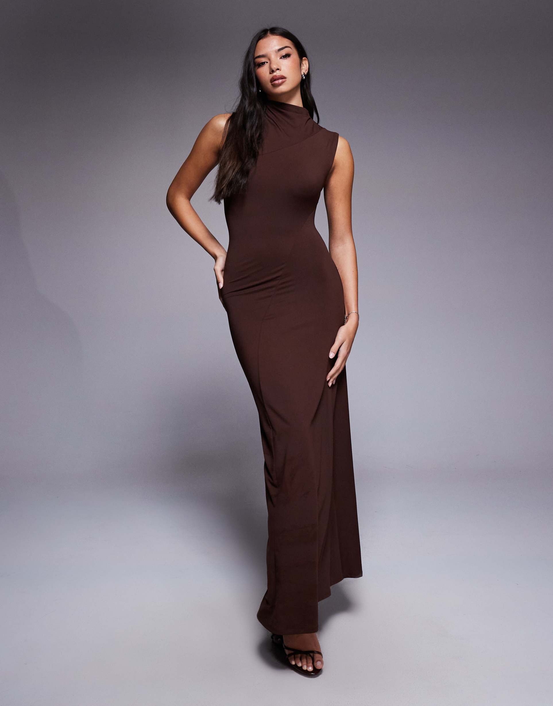 asos design high neck seamed drape maxi dress in chocolate