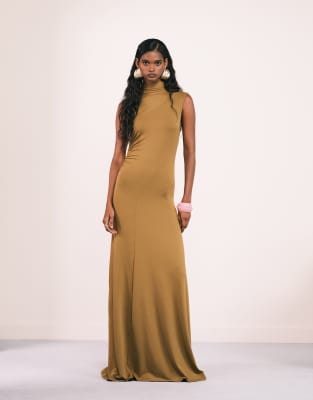 Asos Design High Neck Seamed Drape Maxi Dress In Yellow