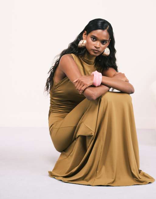 ASOS DESIGN high neck seamed drape maxi dress in mustard