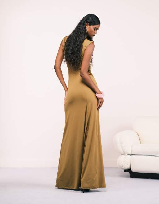 ASOS DESIGN high neck seamed drape maxi dress in mustard