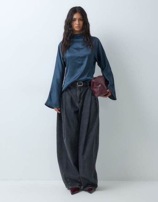 ASOS DESIGN high neck seamed tunic shirt in Navy, 2 of 5
