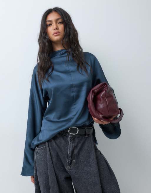 ASOS DESIGN high neck seamed tunic shirt in Navy, 3 of 5