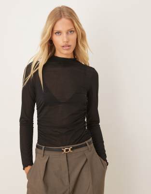 Asos Design High Neck Semi Sheer Long Sleeve Top In Black
