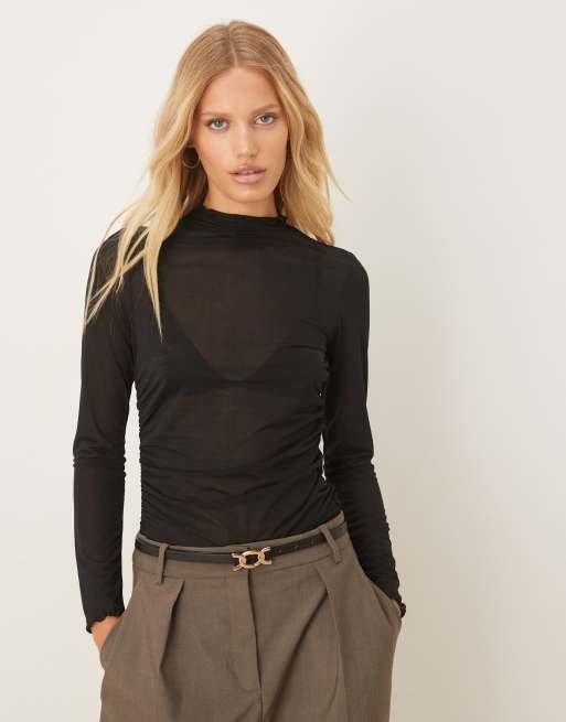 ASOS DESIGN high neck semi sheer long sleeve top in black