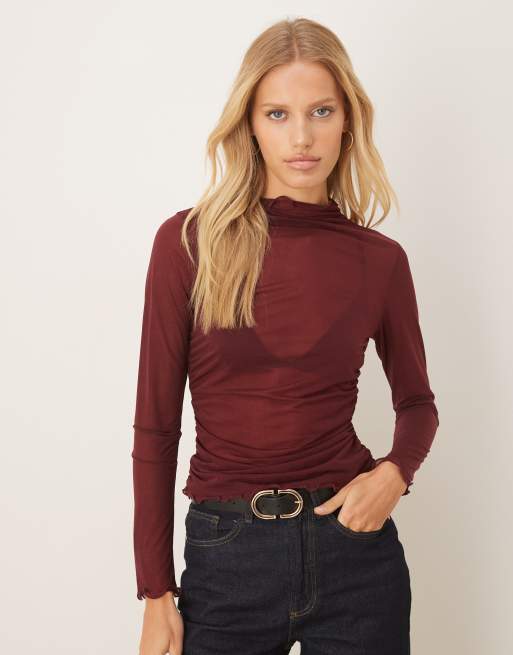 ASOS DESIGN high neck semi sheer long sleeve top in burgundy
