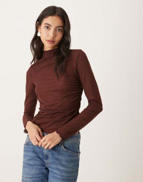 ASOS DESIGN high neck semi sheer long sleeve top in chocolate - view 1