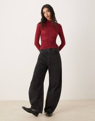 Asos Design High Neck Semi Sheer Long Sleeve Top In Red