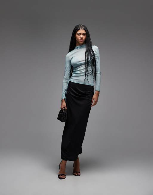 ASOS DESIGN high neck semi sheer ruched long sleeve top in light grey, 2 of 4
