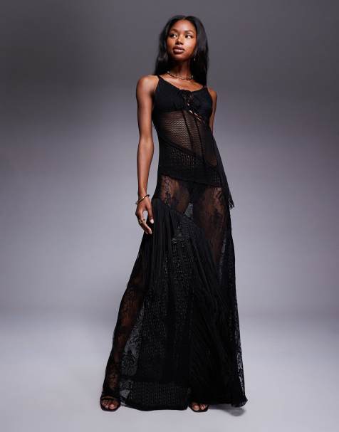 ASOS DESIGN high neck sheer lace and fringe mix maxi dress in black - view 1