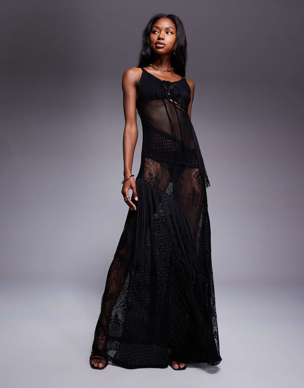 ASOS DESIGN high neck sheer lace and fringe mix maxi dress in black