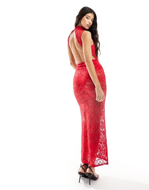 ASOS DESIGN high neck sheer lace maxi dress in red