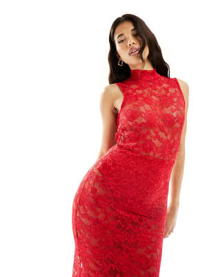 ASOS DESIGN high neck sheer lace maxi dress in red | ASOS